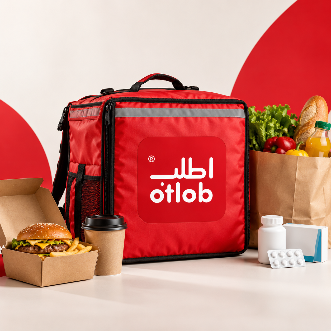 شنطة توصيل أطلب مع وجبات ومنتجات من الماركت والصيدلية